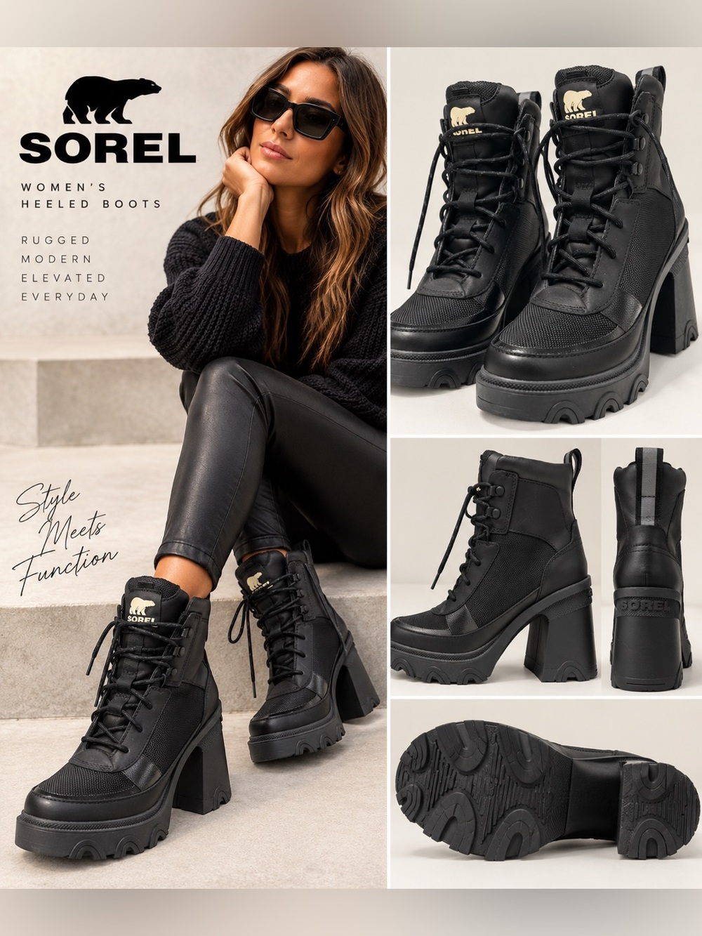 SOREL Brex Heel Lace Black Waterproof Chunky Platform Boots Women’s 6